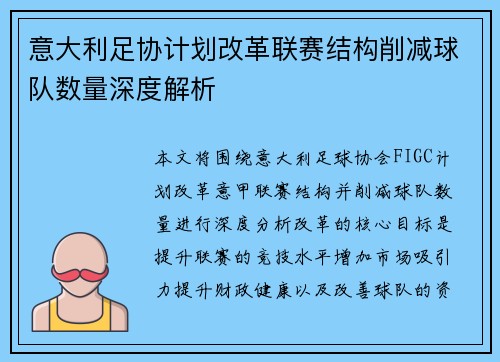 意大利足协计划改革联赛结构削减球队数量深度解析