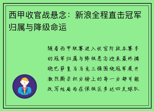 西甲收官战悬念：新浪全程直击冠军归属与降级命运