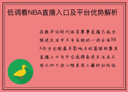 低调看NBA直播入口及平台优势解析